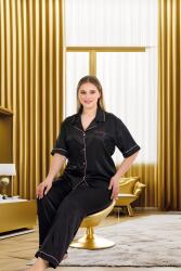 Kadın Büyük Beden Saten Pijama Takım, Boydan Düğmeli Saten Pijama Takım - 10