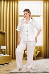 Kadın Büyük Beden Saten Pijama Takım, Boydan Düğmeli Saten Pijama Takım - 3