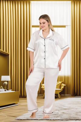 Kadın Büyük Beden Saten Pijama Takım, Boydan Düğmeli Saten Pijama Takım - 3