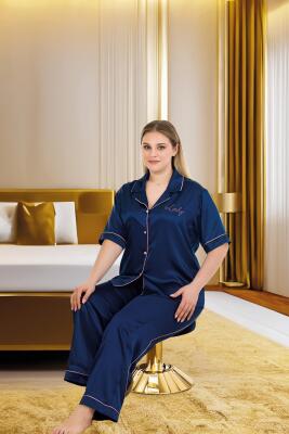 Kadın Büyük Beden Saten Pijama Takım, Boydan Düğmeli Saten Pijama Takım - 6