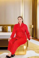 Kadın Büyük Beden Uzunkol Saten Pijama Takım, Önden Bağlamalı Saten Pijama Takım - Thumbnail