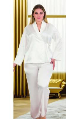 REN - Kadın Büyük Beden Uzunkol Saten Pijama Takım, Önden Bağlamalı Saten Pijama Takım (1)