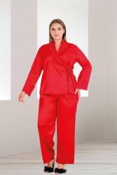 Kadın Büyük Beden Uzunkol Saten Pijama Takım, Önden Bağlamalı Saten Pijama Takım - Thumbnail