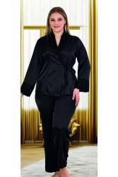 Kadın Büyük Beden Uzunkol Saten Pijama Takım, Önden Bağlamalı Saten Pijama Takım - Thumbnail