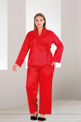 Kadın Büyük Beden Uzunkol Saten Pijama Takım, Önden Bağlamalı Saten Pijama Takım - 4