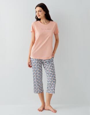 Kadın Cepli Desenli Pijama Takımı %50 Pamuk %50 Modal – Kısa Kollu, Rahat Kalıp - 2