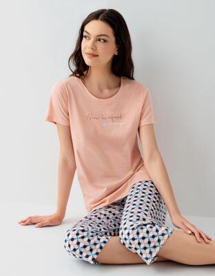 Kadın Cepli Desenli Pijama Takımı %50 Pamuk %50 Modal – Kısa Kollu, Rahat Kalıp - 1