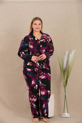Kadın Çiçek Desen Büyük Beden Düğmeli Pijama Takım, Belmando Dokuma Viskon kumaş - 2