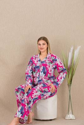 REN - Kadın Çiçek Desen Büyük Beden Düğmeli Pijama Takım, Belmando Dokuma Viskon kumaş