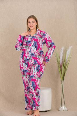 REN - Kadın Çiçek Desen Büyük Beden Düğmeli Pijama Takım, Belmando Dokuma Viskon kumaş (1)