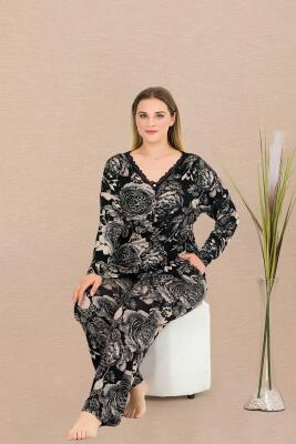 Kadın Çiçek Desenli Büyük Beden Pijama Takım, Cep Detaylı, Boydan Düğmeli, viskon kumaş - 1