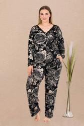 Kadın Çiçek Desenli Büyük Beden Pijama Takım, Cep Detaylı, Boydan Düğmeli, viskon kumaş (1)