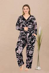 Kadın Çiçek Desenli Büyük Beden Pijama Takım, Önden Düğmeli ve Çiçek Baskılı, Viskon kumaş
