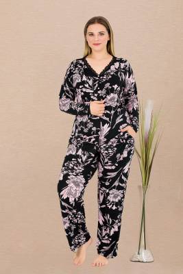 REN - Kadın Çiçek Desenli Büyük Beden Pijama Takım, Önden Düğmeli ve Çiçek Baskılı, Viskon kumaş