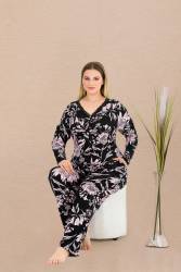 Kadın Çiçek Desenli Büyük Beden Pijama Takım, Önden Düğmeli ve Çiçek Baskılı, Viskon kumaş (1)