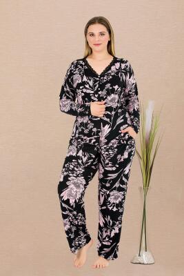 Kadın Çiçek Desenli Büyük Beden Pijama Takım, Önden Düğmeli ve Çiçek Baskılı, Viskon kumaş - 1