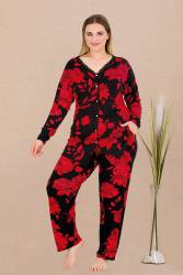 Kadın Çiçek Desenli Büyük Beden Pijama Takım, Önden Düğmeli ve Kırmızı Çiçek Baskılı, Viskon kumaş - Thumbnail