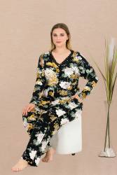 Kadın Çiçek Desenli Düğmeli Büyük Beden Pijama Takım, , viskon kumaş