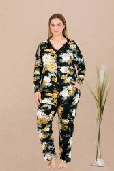 Kadın Çiçek Desenli Düğmeli Büyük Beden Pijama Takım, , viskon kumaş (1)