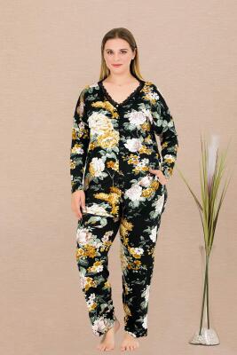Kadın Çiçek Desenli Düğmeli Büyük Beden Pijama Takım, , viskon kumaş - 2