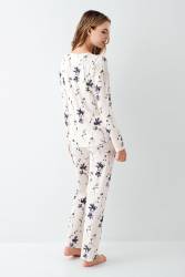 Kadın Çiçek Desenli Uzunkol Pijama Takım, Dantel detaylı - Thumbnail