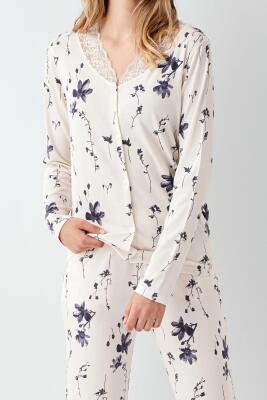 Kadın Çiçek Desenli Uzunkol Pijama Takım, Dantel detaylı - 3