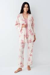 Kadın Çiçekli 3'lü Pijama Takım, Cepli Pantolon, İp Askılı Atlet ve Kuşaklı Sabahlık, Modal ve Pamuk Kumaş - Thumbnail