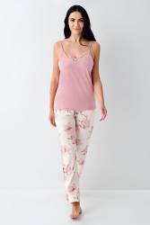 Kadın Çiçekli 3'lü Pijama Takım, Cepli Pantolon, İp Askılı Atlet ve Kuşaklı Sabahlık, Modal ve Pamuk Kumaş - Thumbnail