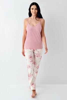 Kadın Çiçekli 3'lü Pijama Takım, Cepli Pantolon, İp Askılı Atlet ve Kuşaklı Sabahlık, Modal ve Pamuk Kumaş - 4