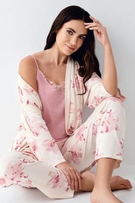 Kadın Çiçekli 3'lü Pijama Takım, Cepli Pantolon, İp Askılı Atlet ve Kuşaklı Sabahlık, Modal ve Pamuk Kumaş - 1