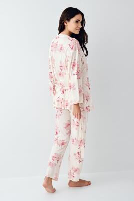 Kadın Çiçekli 3'lü Pijama Takım, Cepli Pantolon, İp Askılı Atlet ve Kuşaklı Sabahlık, Modal ve Pamuk Kumaş - 5