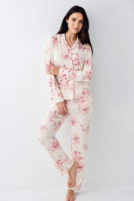 Pierre Cardin - Kadın Çiçekli Uzunkol Mevsimlik Pijama Takım, Önden Düğmeli Gömlek Pijama Takım