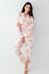 Kadın Çiçekli Uzunkol Mevsimlik Pijama Takım, Önden Düğmeli Gömlek Pijama Takım - Thumbnail