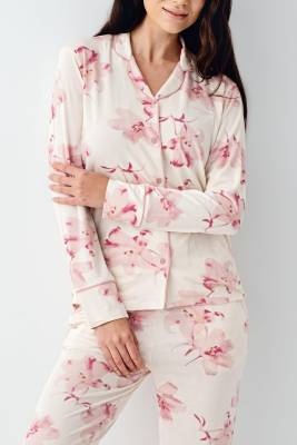 Kadın Çiçekli Uzunkol Mevsimlik Pijama Takım, Önden Düğmeli Gömlek Pijama Takım - 3