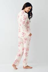 Kadın Çiçekli Uzunkol Mevsimlik Pijama Takım, Önden Düğmeli Gömlek Pijama Takım - Thumbnail