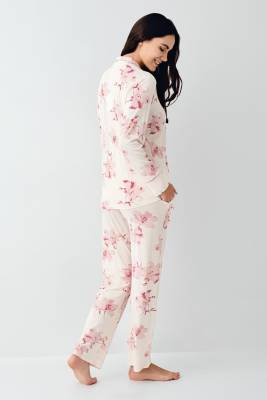 Kadın Çiçekli Uzunkol Mevsimlik Pijama Takım, Önden Düğmeli Gömlek Pijama Takım - 4