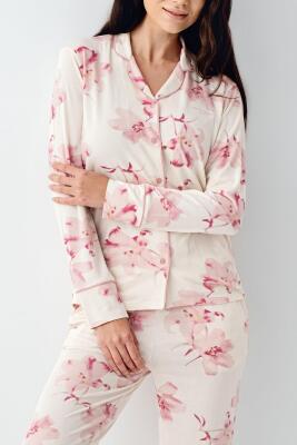 Kadın Çiçekli Uzunkol Mevsimlik Pijama Takım, Önden Düğmeli Gömlek Pijama Takım - 3