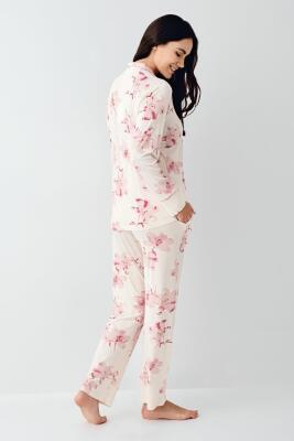 Kadın Çiçekli Uzunkol Mevsimlik Pijama Takım, Önden Düğmeli Gömlek Pijama Takım - 4