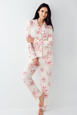 Kadın Çiçekli Uzunkol Mevsimlik Pijama Takım, Önden Düğmeli Gömlek Pijama Takım - 1