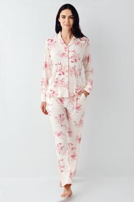 Kadın Çiçekli Uzunkol Mevsimlik Pijama Takım, Önden Düğmeli Gömlek Pijama Takım - 2