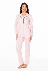 Kadın Çizgili %100 Pamuklu Mevsimlik Gömlek Yaka Uzunkol Pijama Ev Giyim - Thumbnail