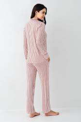 Kadın Çizgili Önden Düğmeli Pijama Takım, %50 Modal %50 Pamuk Gömlek Pijama Takım - Thumbnail