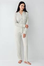 Kadın Çizgili Önden Düğmeli Pijama Takım, %50 Modal %50 Pamuk Gömlek Pijama Takım - Thumbnail
