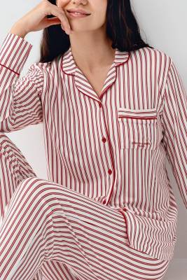 Kadın Çizgili Önden Düğmeli Pijama Takım, %50 Modal %50 Pamuk Gömlek Pijama Takım - 3