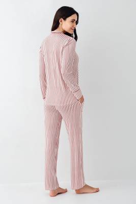 Kadın Çizgili Önden Düğmeli Pijama Takım, %50 Modal %50 Pamuk Gömlek Pijama Takım - 4