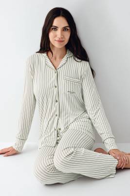 Kadın Çizgili Önden Düğmeli Pijama Takım, %50 Modal %50 Pamuk Gömlek Pijama Takım - 5