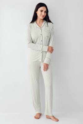 Kadın Çizgili Önden Düğmeli Pijama Takım, %50 Modal %50 Pamuk Gömlek Pijama Takım - 6