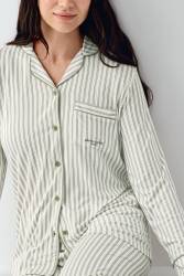 Kadın Çizgili Önden Düğmeli Pijama Takım, %50 Modal %50 Pamuk Gömlek Pijama Takım - 7