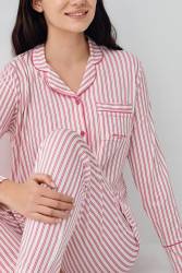 Kadın Çizgili Önden Düğmeli Pijama Takım, %50 Modal %50 Pamuk Gömlek Pijama Takım - 11