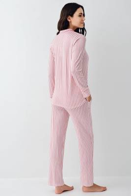 Kadın Çizgili Önden Düğmeli Pijama Takım, %50 Modal %50 Pamuk Gömlek Pijama Takım - 12